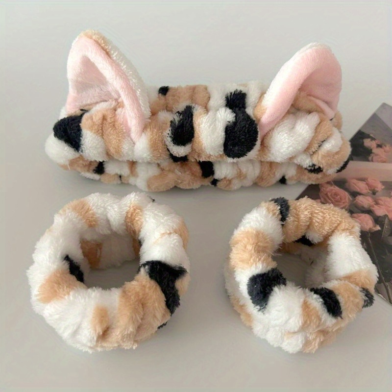 TEMU 3pcs Leopard Print Cat Ear Plush Headband Set - Elastic Soft And Cozy Face Washing Makeup Spa - Ideal Valentine's Gift, Cute Cat Ears Headbands,