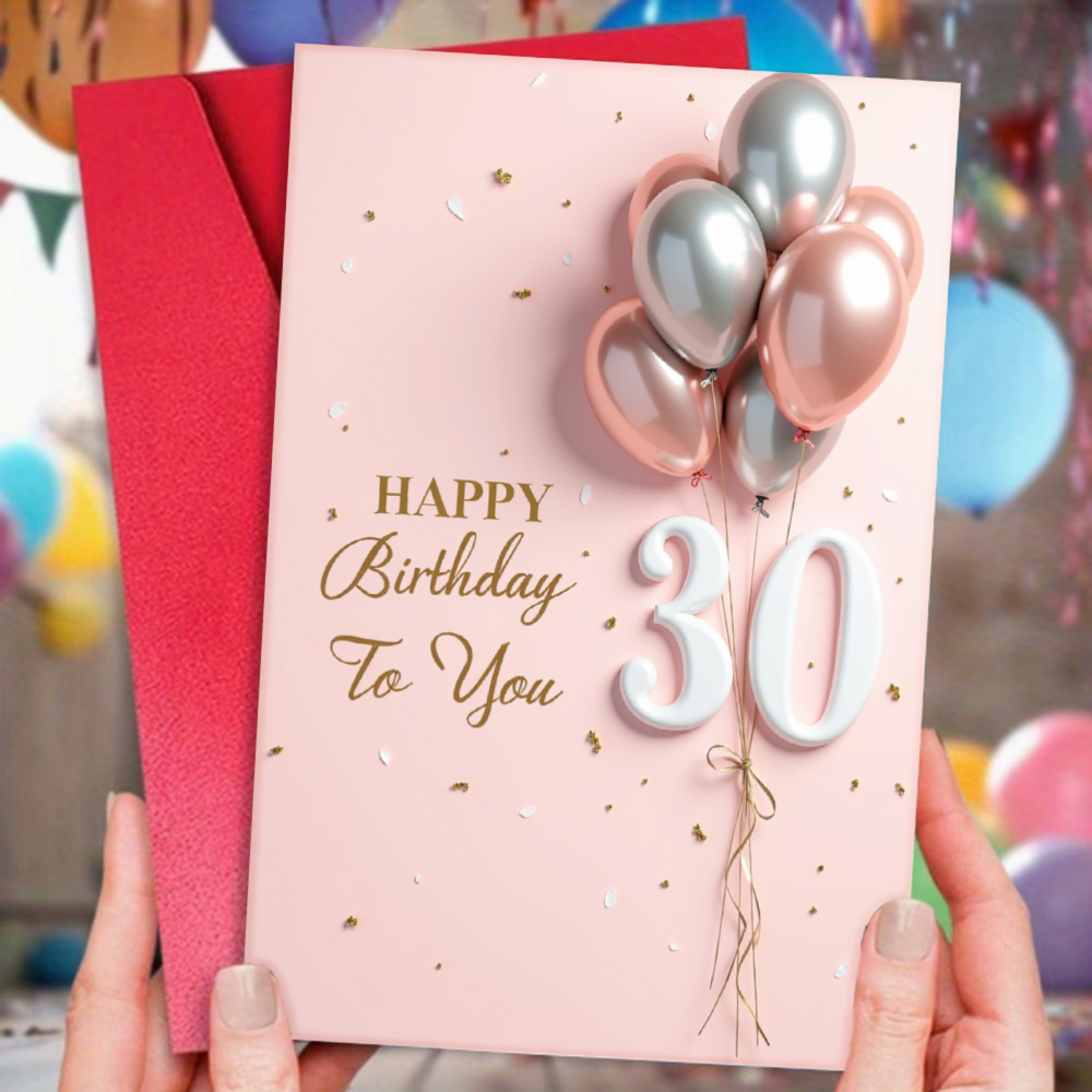 E-shop 1 Stück 30. Geburtstagskarte geeignet für 30 Jahre - Rosa Ballon & Zahl 30 Design mit Umschlag, "Alles Gute zum Geburtstag" Text für 30.