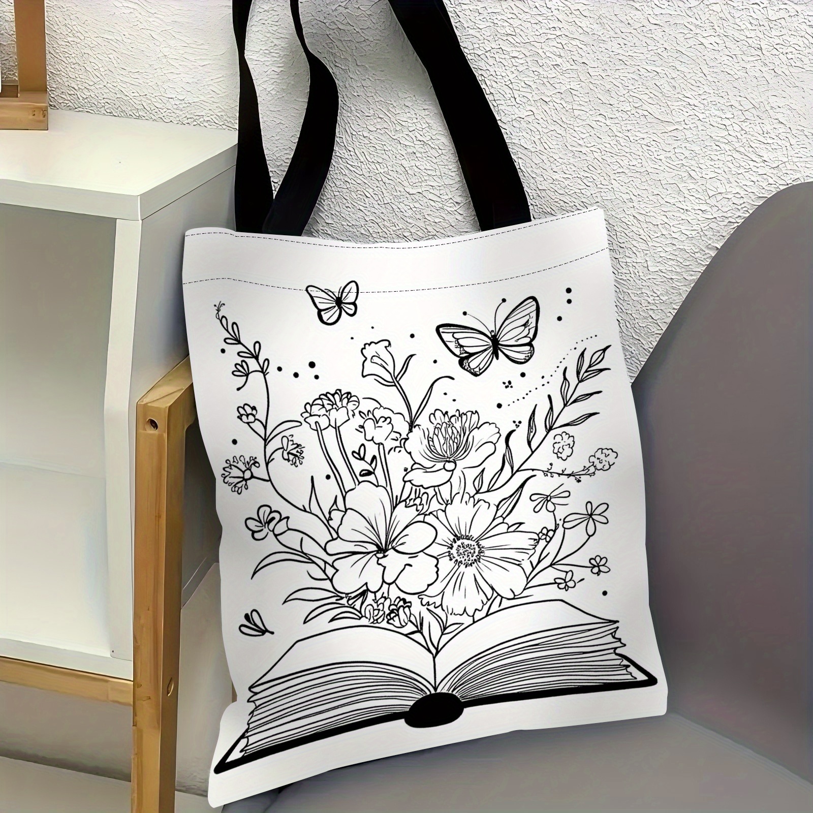 TEMU 1pc Elegant Book-themed Tote Bag Suitable For Adult Coloring, Black & White With Colorable Pages, Hand Washable Polyester Bag For Gift Giving,