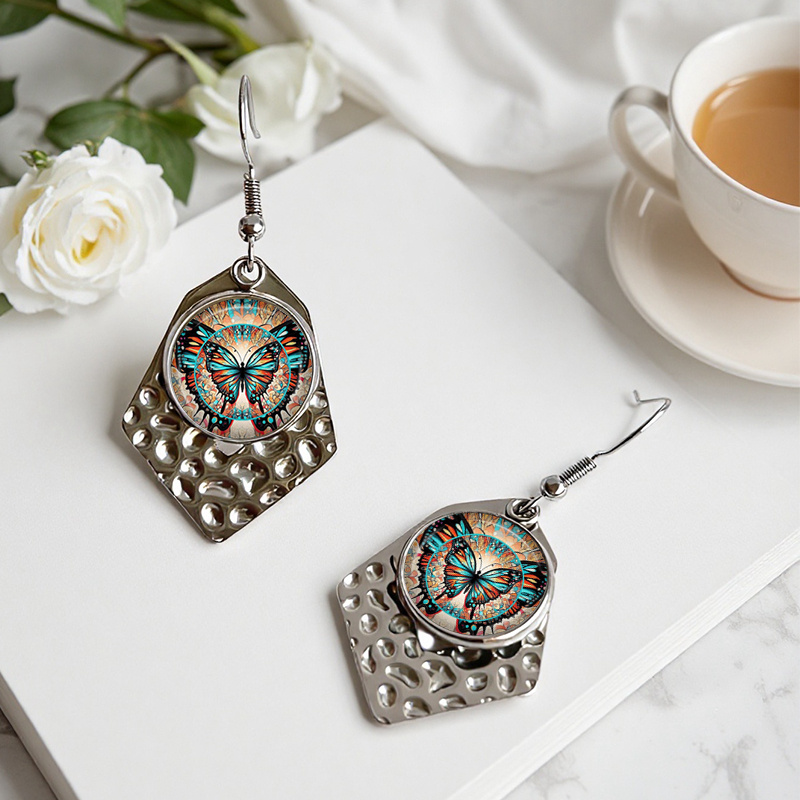 Colorful Butterfly Minimalist Hexagonal Earring Pendant, Fashion Gift