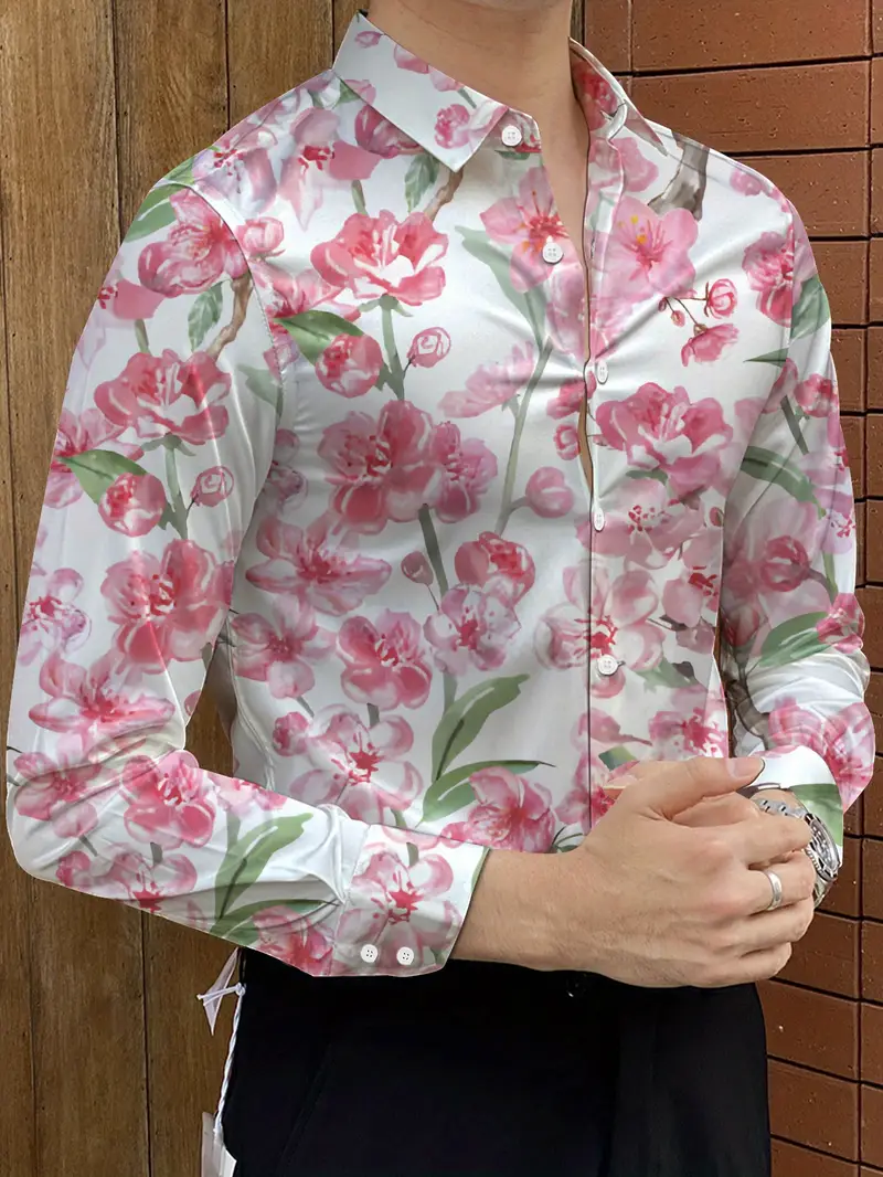 men's pink floral dress shirt Men's Light Pink Solid Dress Shirt with Floral Accents