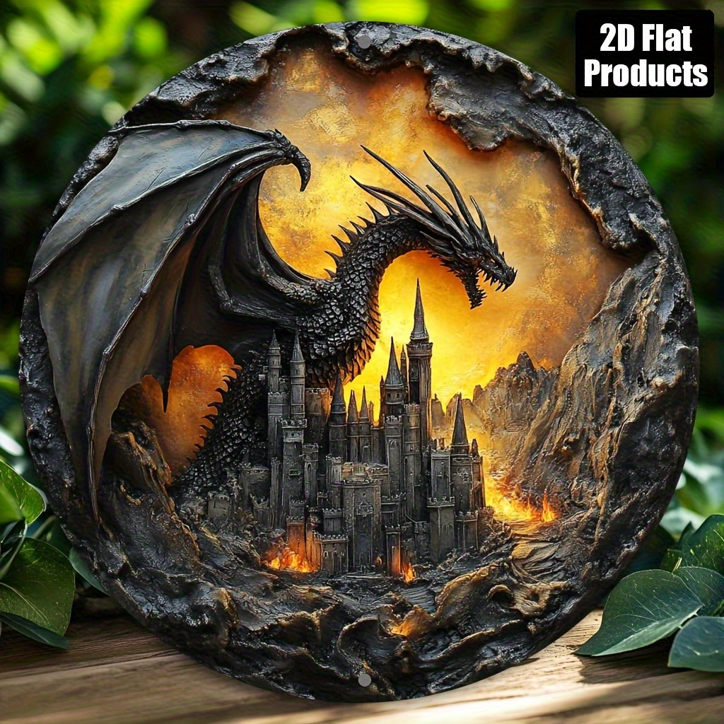 TEMU 2d Flat, 2d Flat Print, 1pc Round Wooden Wall Art, Vintage Dragon Theme Wooden Plaque, Suitable For Bar Kitchen Living Room Office Decor, Party