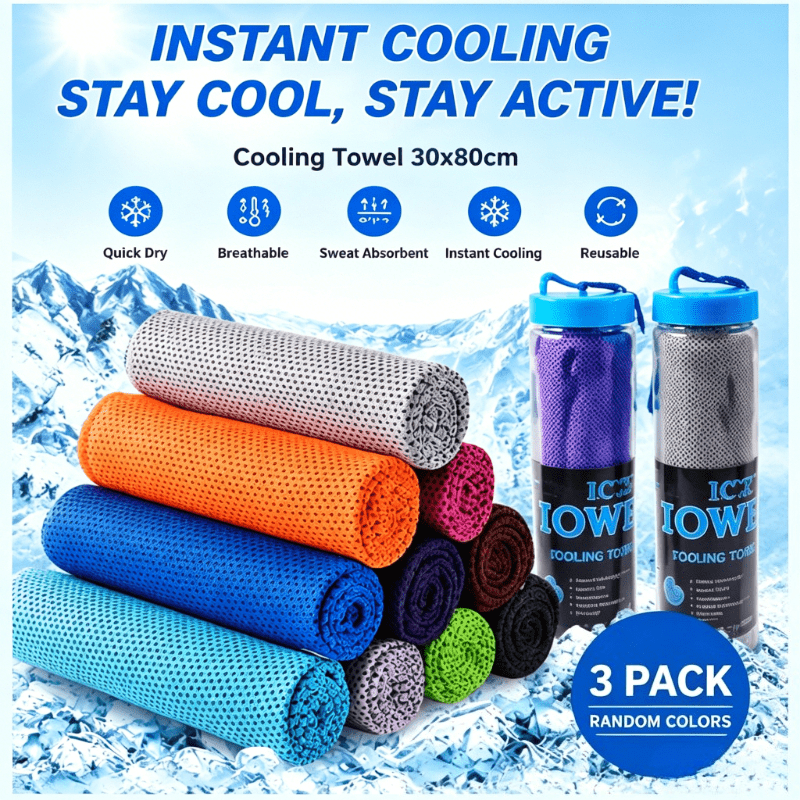 Image of 3-pack Random Color Cooling Quick-dry Ice Towels, Sports Cooling Towels For Outdoor Camping, Cycling, Fitness, Running, Breathable And Sweat-absorbent Sweat Towels