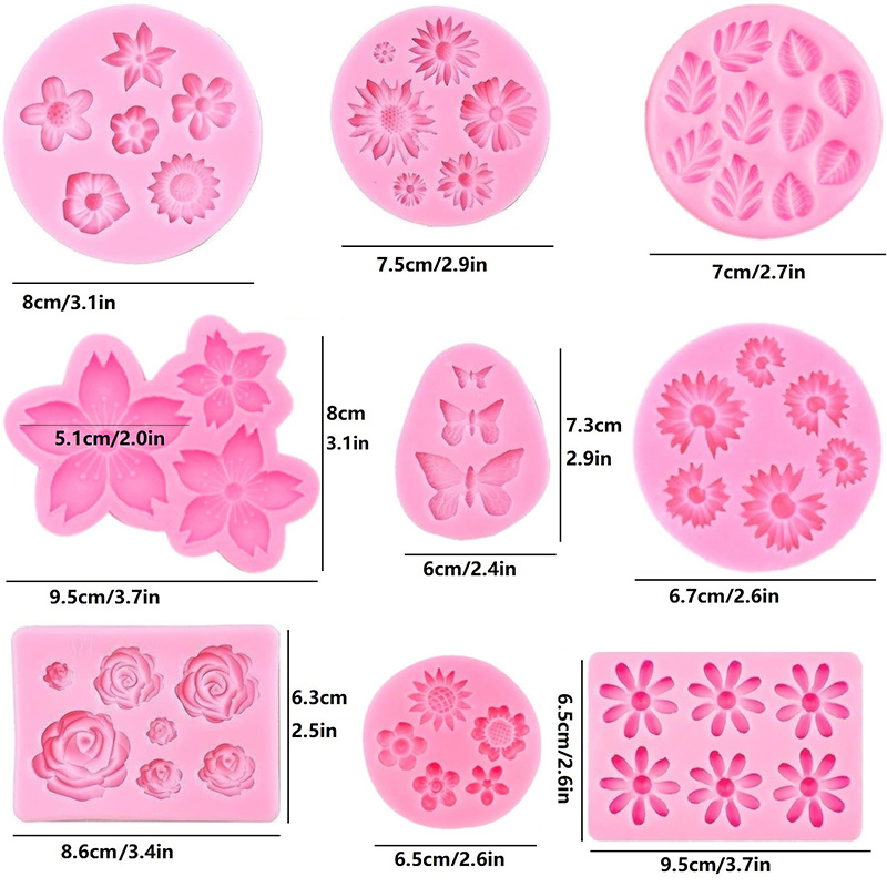 Image of Set Of 9 Silicone Molds Featuring Flowers Like Roses, Leaves, Daisies, Sunflowers, And Chrysanthemums, Ideal For Fondant, Polymer Clay, And Candy Chocolate For Decorating Cupcakes And Cake Pops