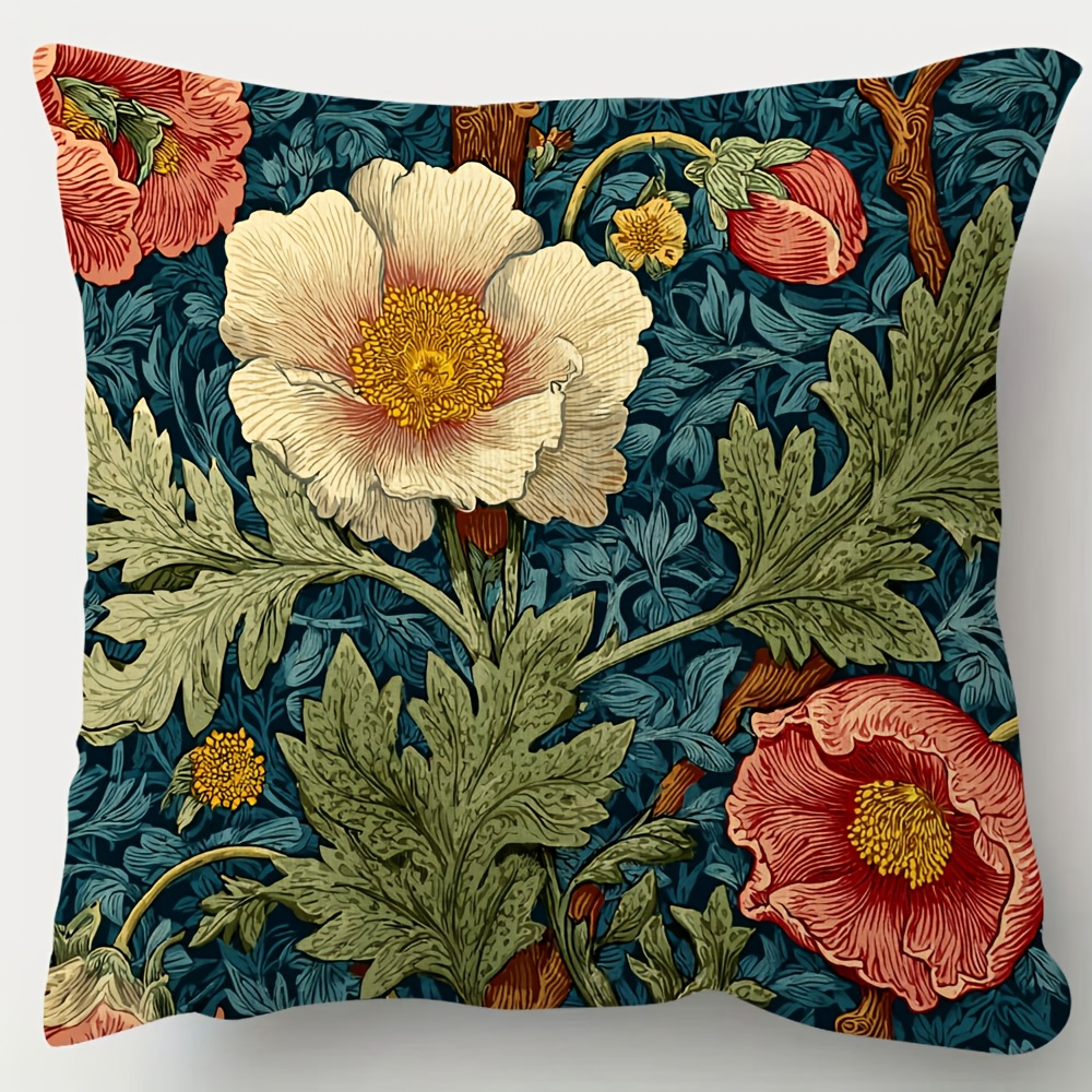 TEMU 1 Housse de Coussin Florale William - Coussin Vintage Victorien en Teal, Rose, Vert, Doré et Marron - Housse Décorative Double Face en Peluche