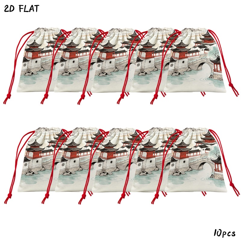 TEMU Traditional Chinese Ink-wash Landscape Print Drawstring Gift Bags, 10pcs Party Favor Bags Featuring Classical Architecture, & Scenery, Ideal For