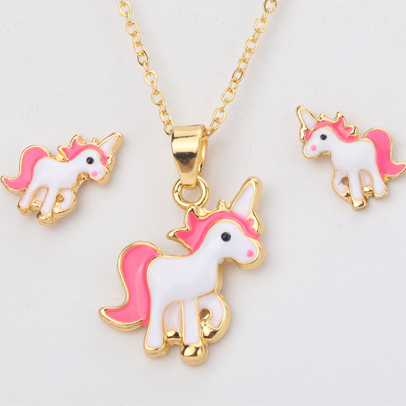 TEMU 2pcs Set: Pink And Unicorn Enamel Drop Earrings And Necklace. Girly Heart-shaped Cartoon Animal Design Necklace And Earrings. Sweet And Adorable