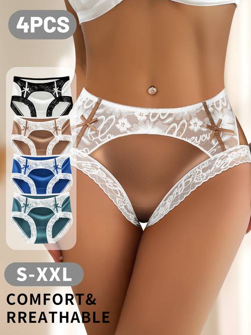 4pcs quasti womens full coverage lifting low panties non digging bow lace briefs with contrast color suitable for daily wear breathable underwear high slit anti roll hem low for all