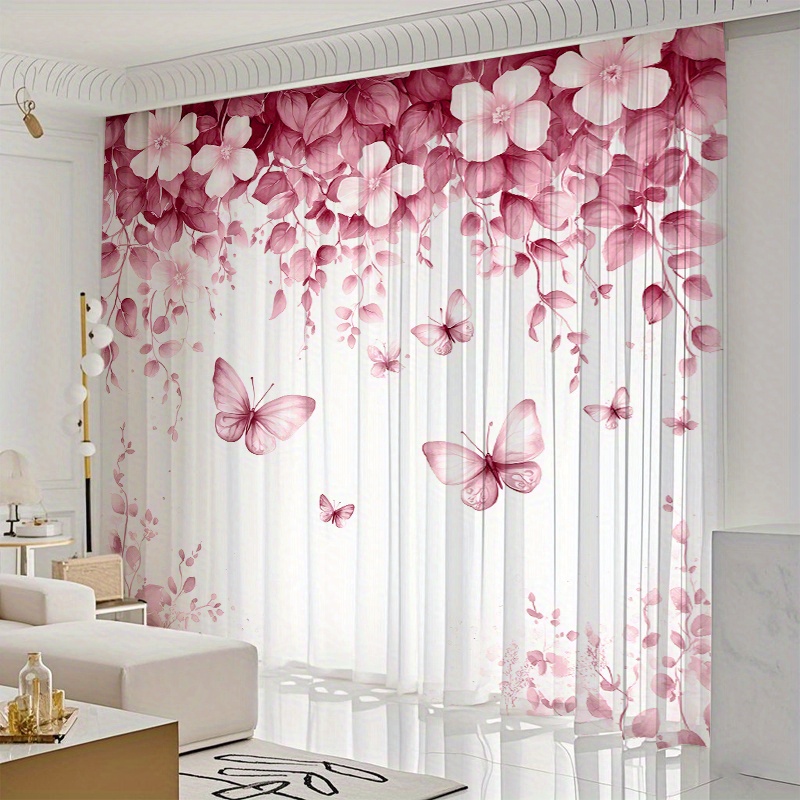 TEMU 2pcs Sweet-style Transparent Curtains With Pink Bow Pattern - Light, Protects Privacy, Features Rod--season , Multi-functional Home Decor,