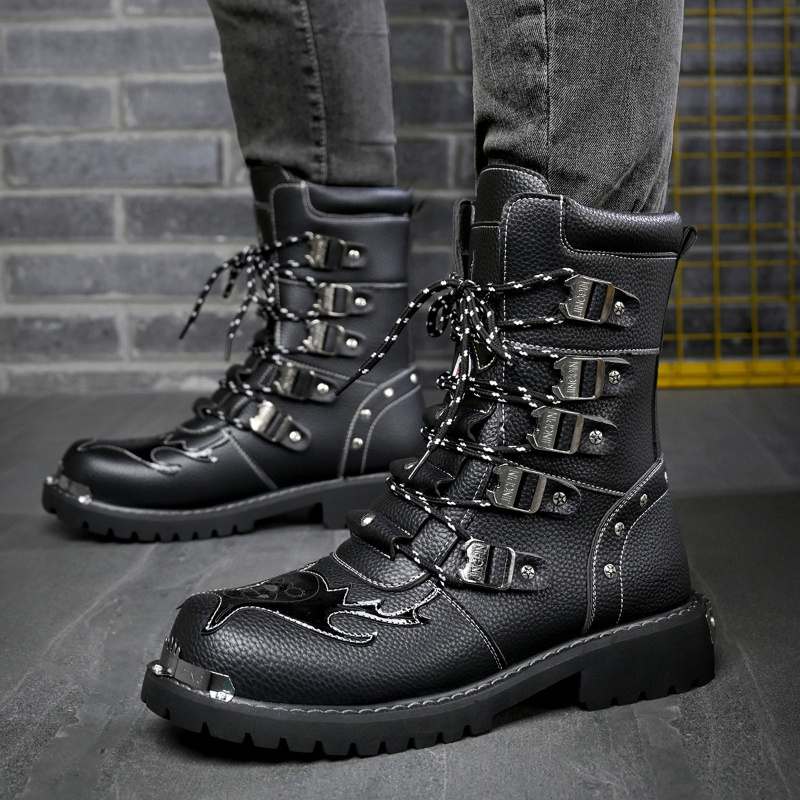 mens punk rock style long boots high top boots multi strap - Temu