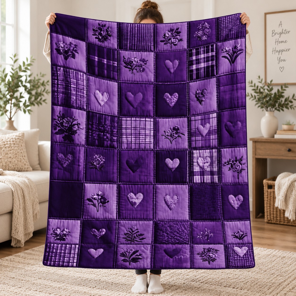 TEMU 1pc Purple Heart Floral Blanket, Soft Flannel Fleece Cozy Blanket With Checkerboard Pattern, Aesthetic Blanket For Sofa Couch Bedroom Home Decor