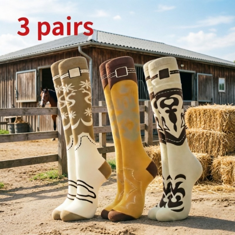 TEMU 3 Pairs Western Cowboy Style Vintage Jacquard Over-the-knee Socks, American Equestrian Riding Long Socks, Men's Socks, Outdoor Wear Trendy Long