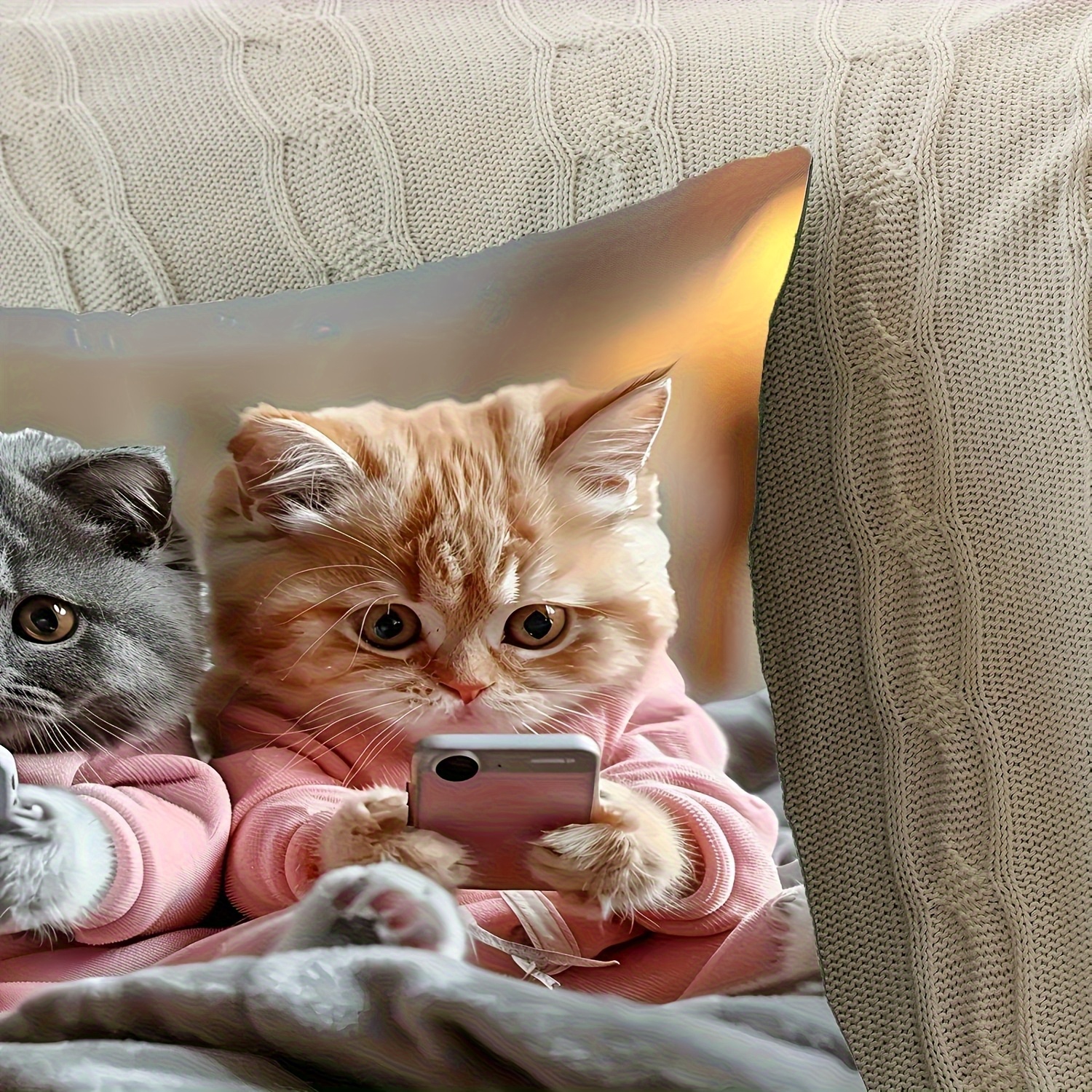 1pc cute   tabby kittens in pink hoodies using phones pillow cover dual sided printed   with zipper closure machine washable grey background decor for sofa bed chair birthday thanksgiving gift for cat lovers home decor accent bedroom accessory   design   print pet owners   thanksgiving Product details 4