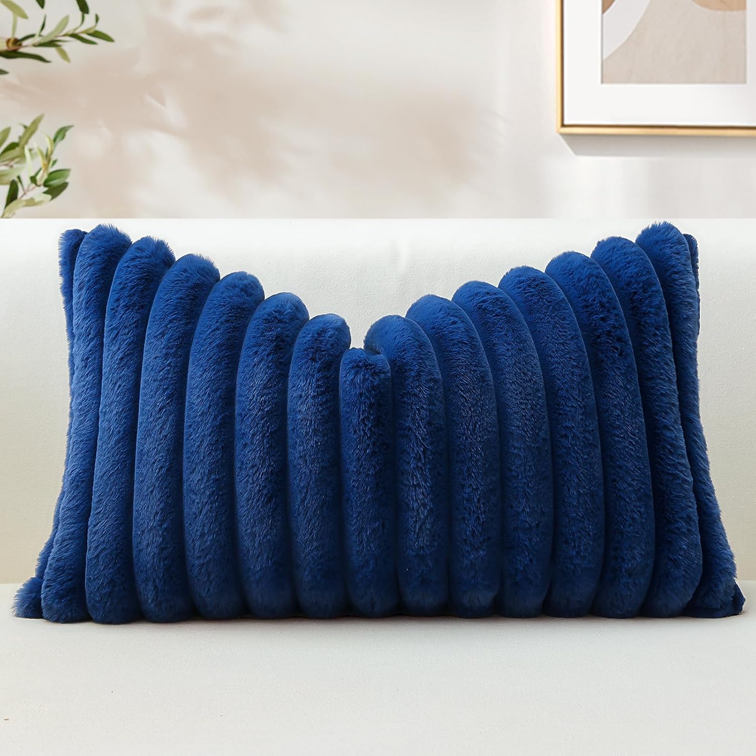 Blue Plush Pillow Covers | , Polyester, Stripe Pattern, Zipper Closure, Machine Washable, Suitable For Room Types And Outdoor Use