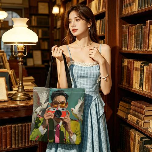 green suit blue tone trendy cool scene hd digital handbag machine washable light beige womens beach bag fashionable design durable casual shopping and picnic bag sturdy handle construction christmas halloween