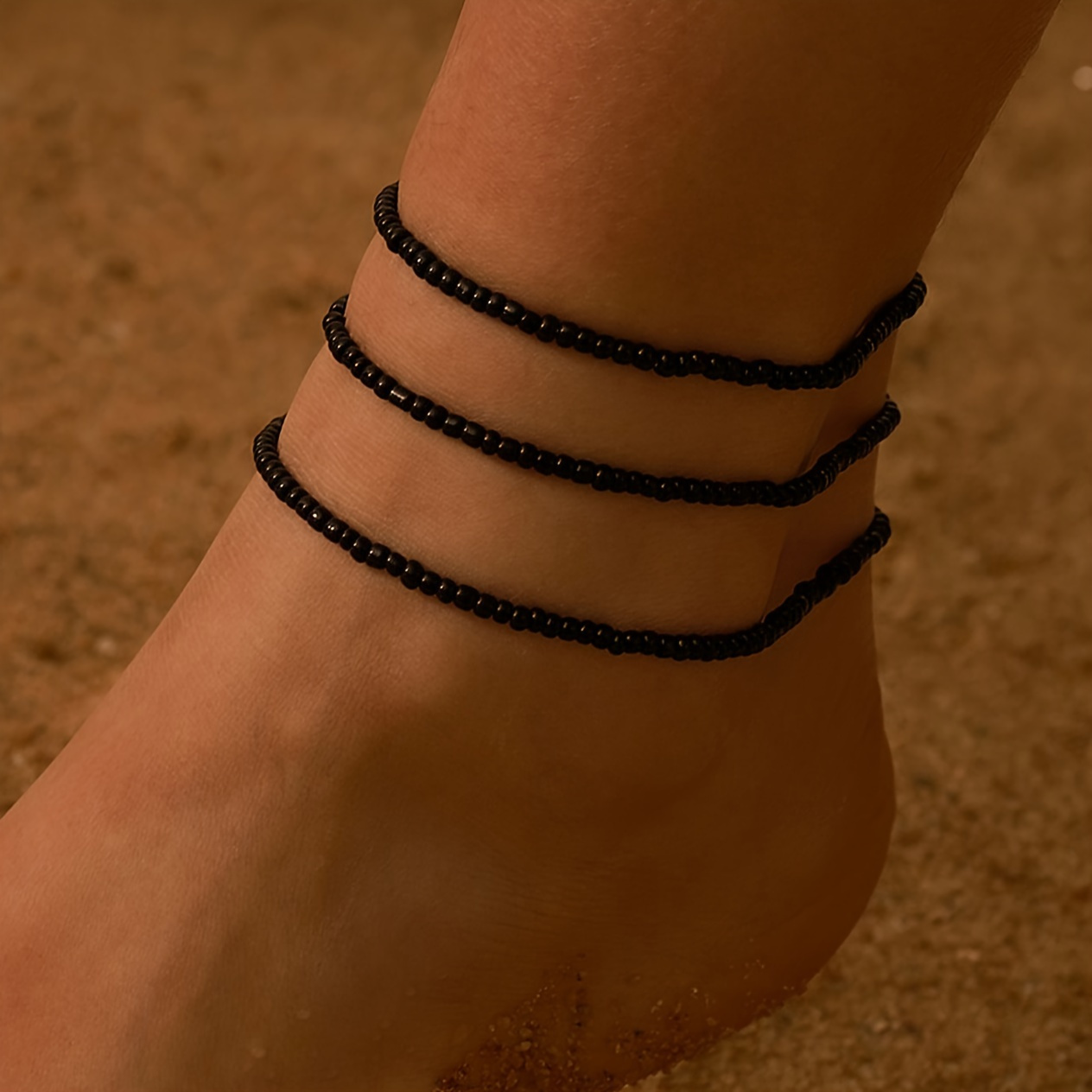3pc Bohemian Layered Solid Black Bead Ankle Bracelet Set for Women