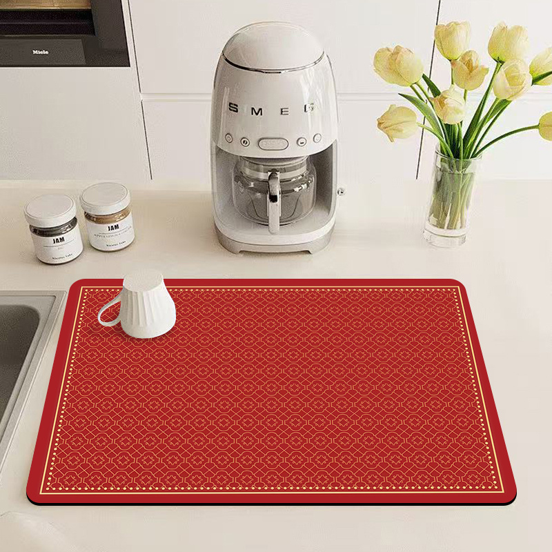 TEMU 1pc, Red Background Rhombus Printed Absorbent Placemat, Stylish And Elegant Dish Drying Mat, Non-slip Rubber Backing, Ideal For Coffee Bars,