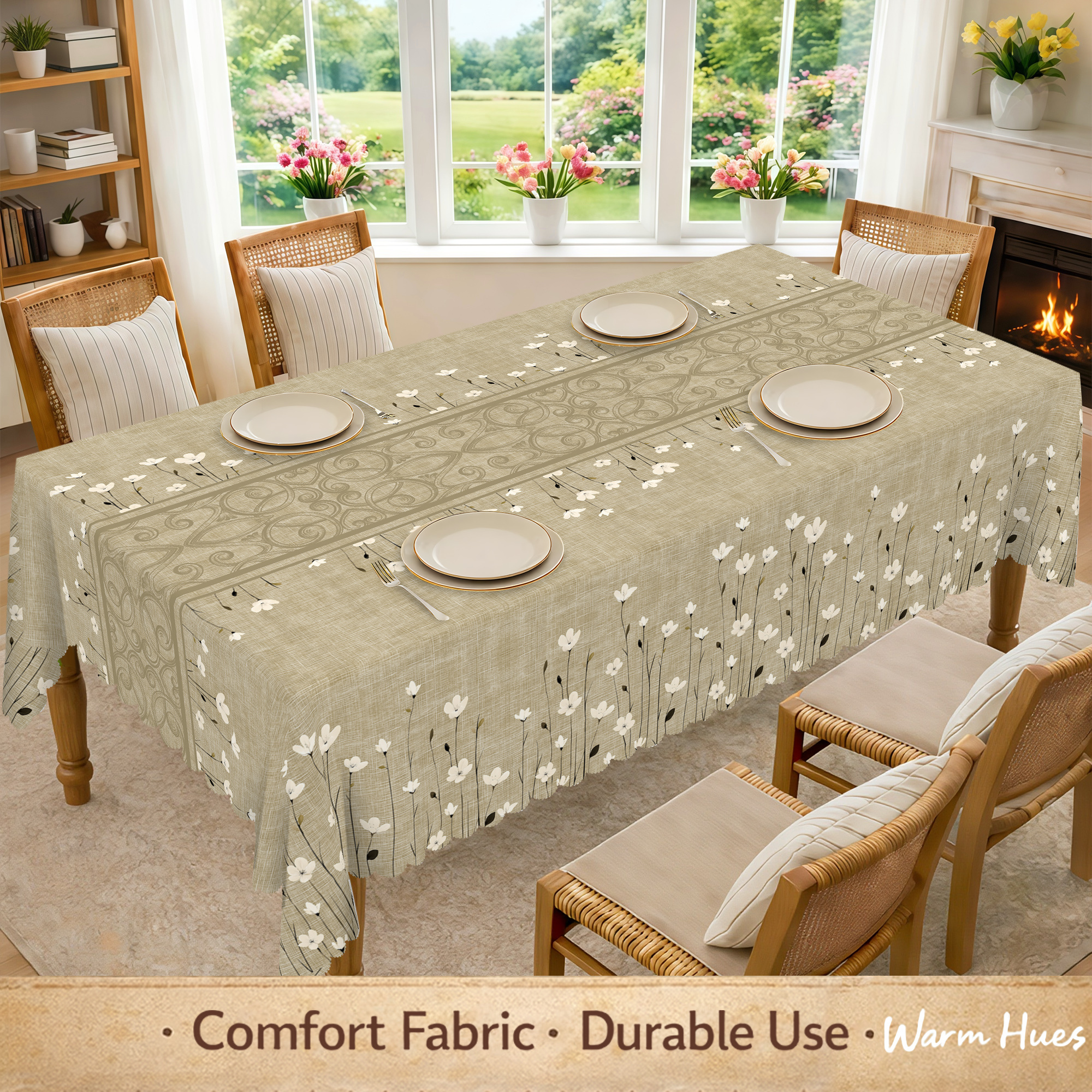 TEMU 1pc Easy Scandinavian Style Japanese Korean Style Tablecloth, Durable, Vintage White Floral Pattern, Brown Background, Suitable For Countryside