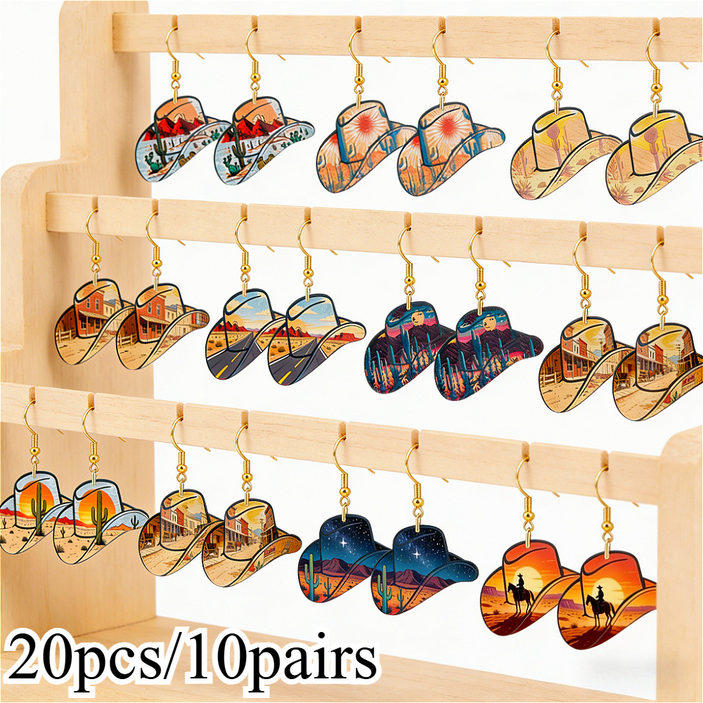 TEMU 20pcs/10 Sets, Including Cowboy Hats And Earrings, Trendy Pendant Earrings For Women, Cowboy-themed Jewelry Collection, Suitable For Daily Use,