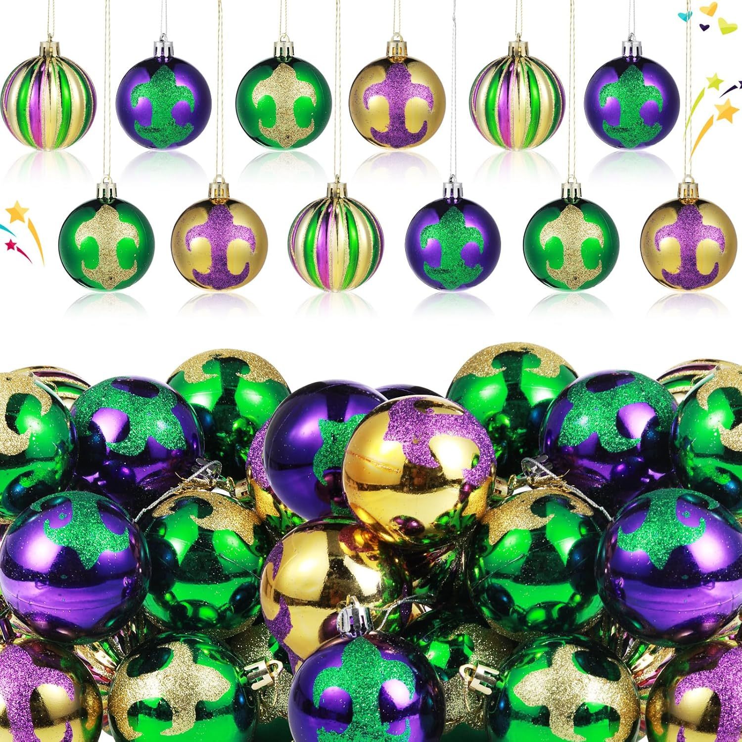 

24- Plastic Mardi Gras Balls, Purple Glitter, Shatterproof Hanging Decorations For New Orleans Masquerade, 's Day, Prom Events - No Electricity Needed