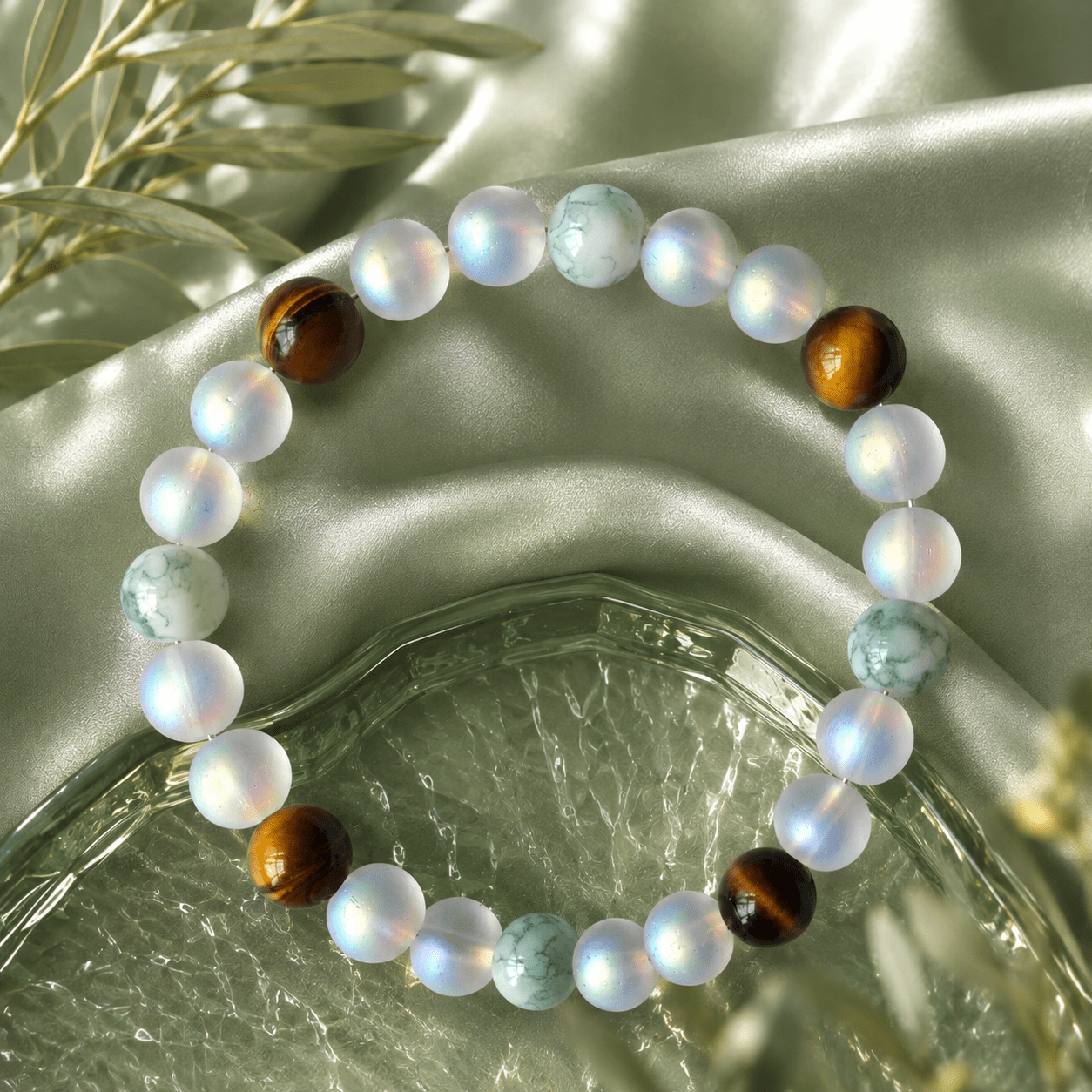 Wealth Bead Bracelet with Mossy Agate, Moonstone & Tiger's Eye