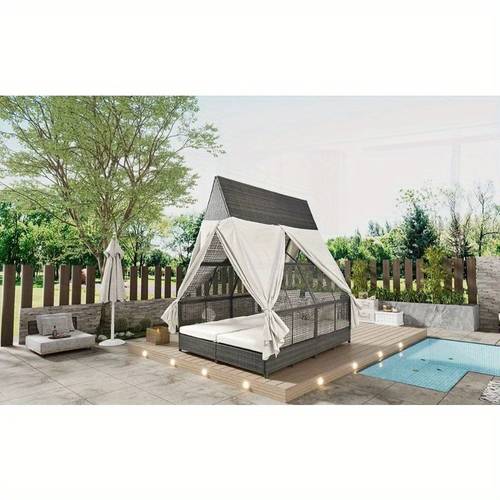 outdoor daybed patio lounge bed with adjustable backrest outdoor lounger with curtains 4 pillows for garden patio poolside balcony