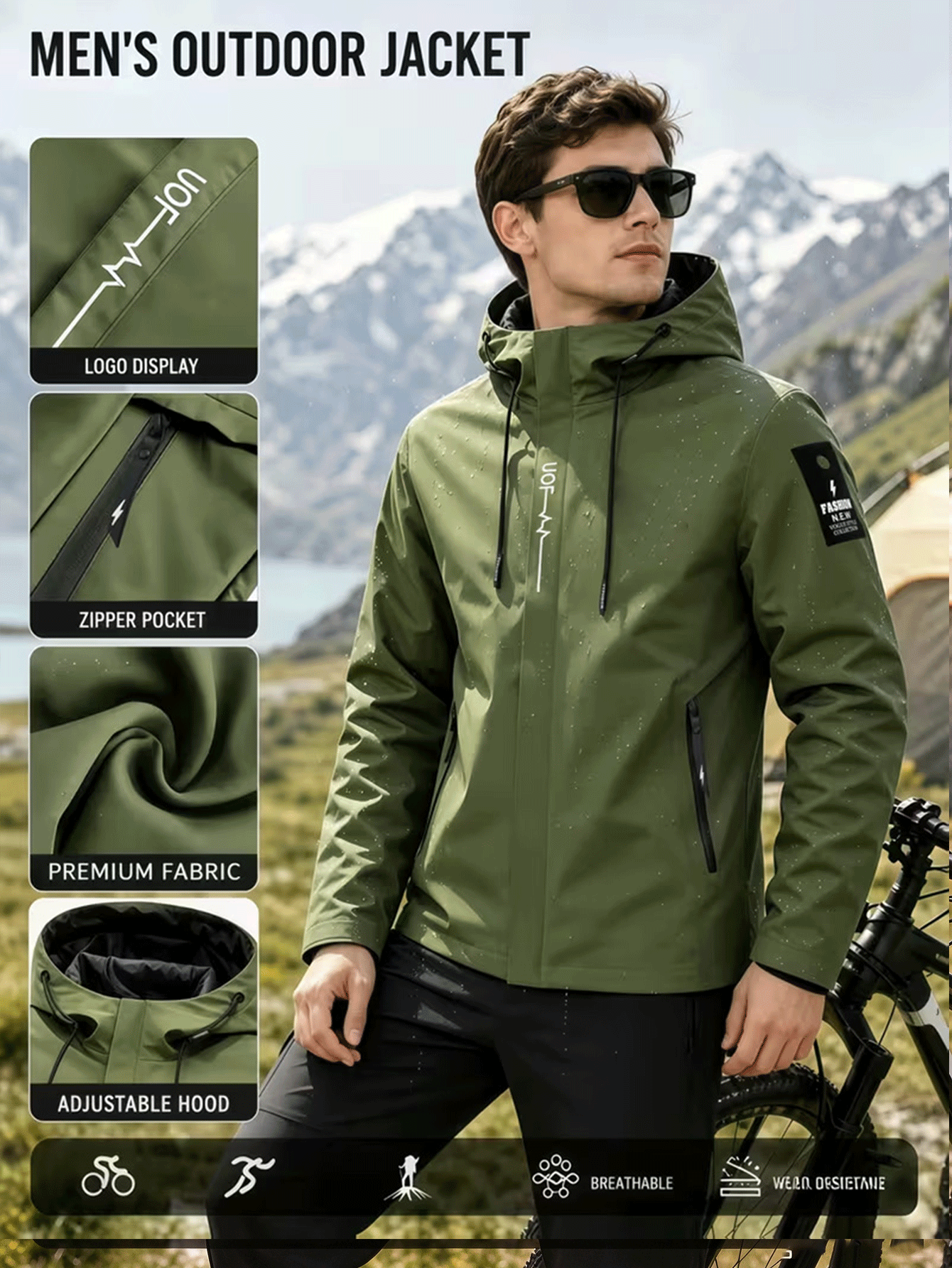 Men's Plain Print Full-Zip Hooded Jacket for Outdoor Activities