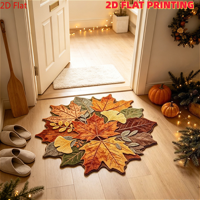 TEMU Velvet Material - Gray Border, 2d Flat Printing 1pc Autumn Maple Ginkgo Leaf Irregular Door Mat Non-slip Floor Mat Retro Thanksgiving Atmosphere