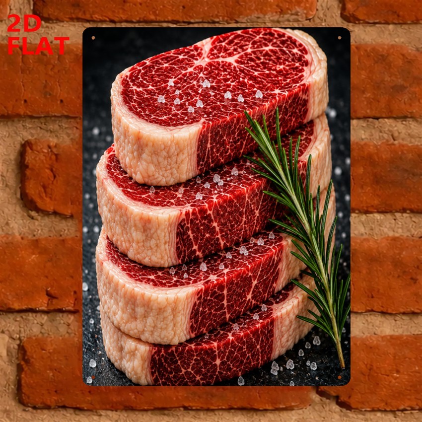 TEMU 2d Flat, 2d Flat, 1pc Gourmet Beef Steaks With Rosemary And Sea Salt -realistic Food Photography Metal Wall Art