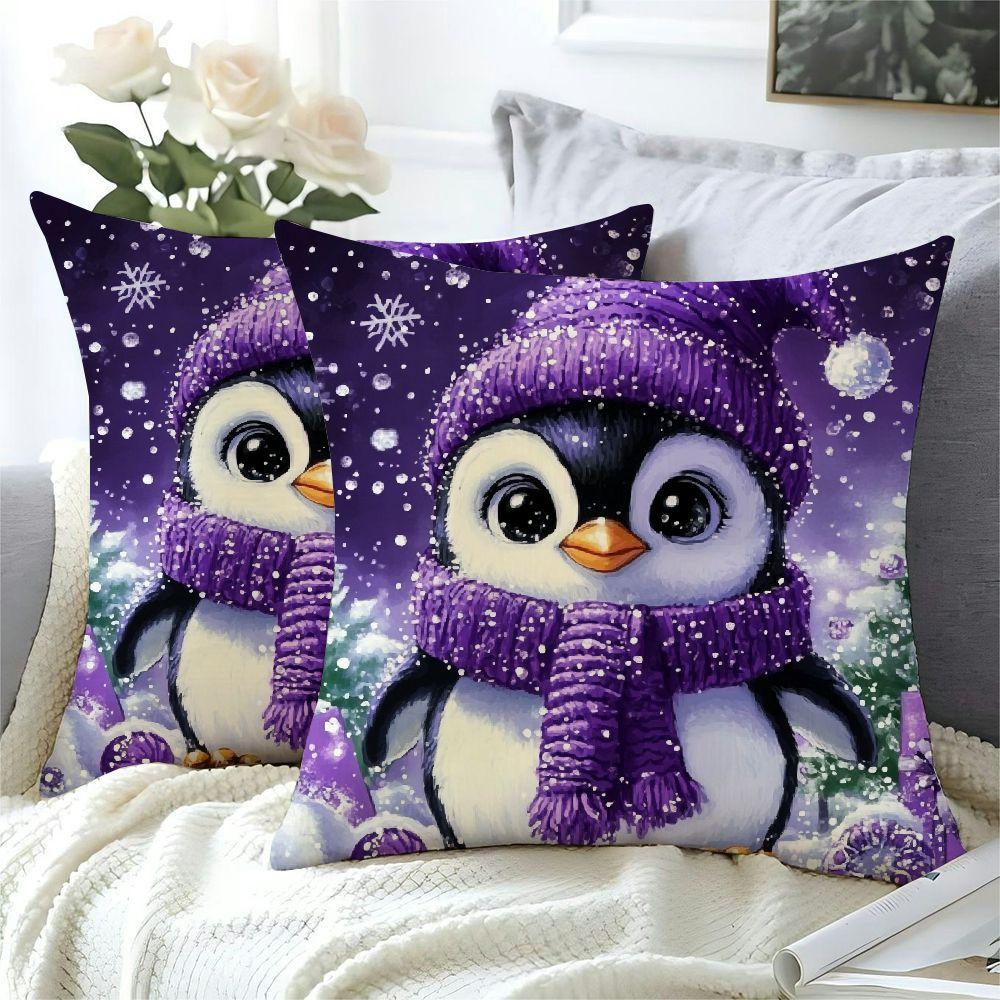 

2-pack Ynzllo0ord Penguin Pillow Covers, Purple Decor, Cute Christmas Throw Pillow Cases, Contemporary Style, Polyester, Machine Washable, Zippered Cushion Covers For Sofa, Bed, Couch