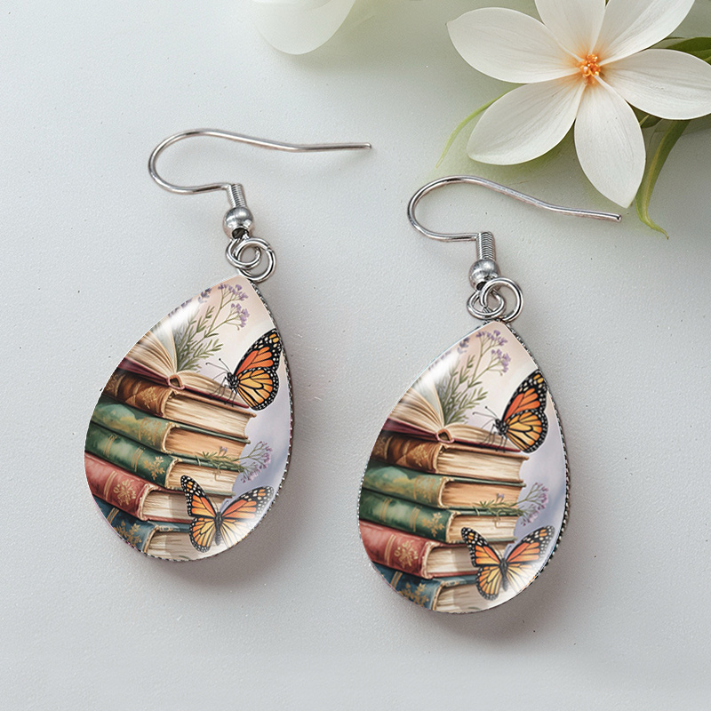 TEMU Handmade Glass Earrings Featuring And Designs, Perfect As A Gift For Book Lovers, Without Battery