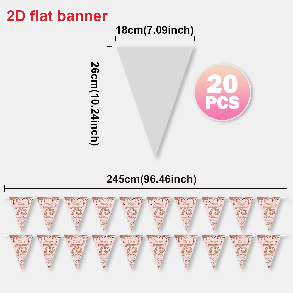 TEMU 2D Plat - 2D Plat - 2D Plat Banner 10/ stuks/set Polyester Materiaal, Roségoud Roze 75e Verjaardag Driehoekige Banner, Gelukkig 75e Verjaardag