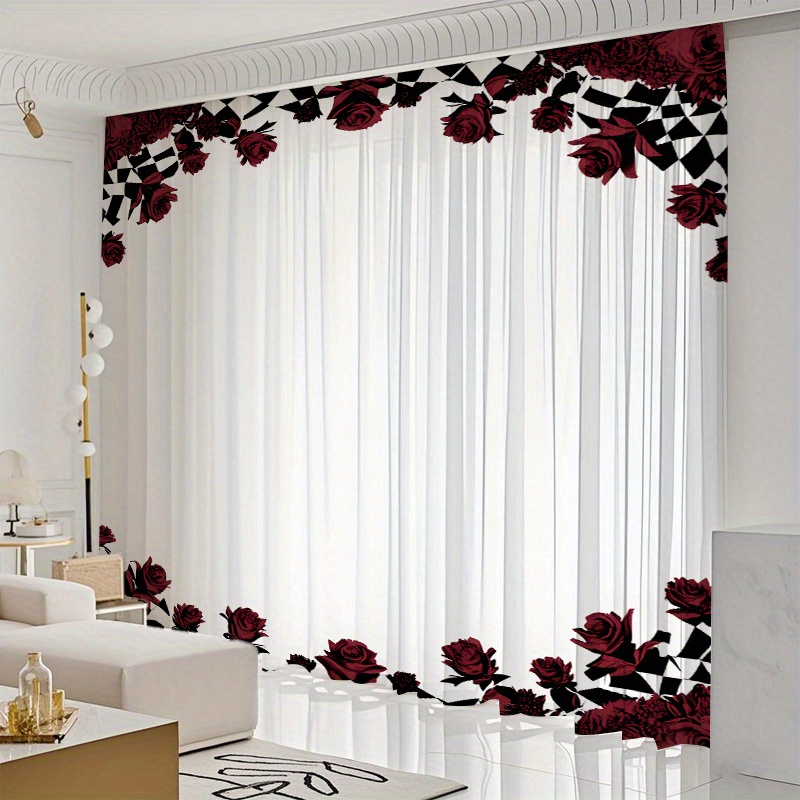 TEMU 2pcs/ Set Black Rose Grid Shadow: Black Rose Grid Shadow, The Window Screen A Mysterious Retro Style, Suitable For Wedding Rooms, Bedrooms,