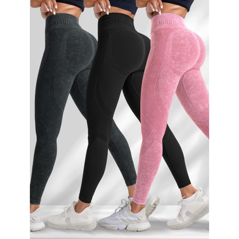 

3pcs Combination Set Of Seamless Women's Yoga Pants, Sand-washed, Quick-drying, Hip-lifting, Tight-fitting Waistband, Engraved Lettering, Sports Fitness Pants.