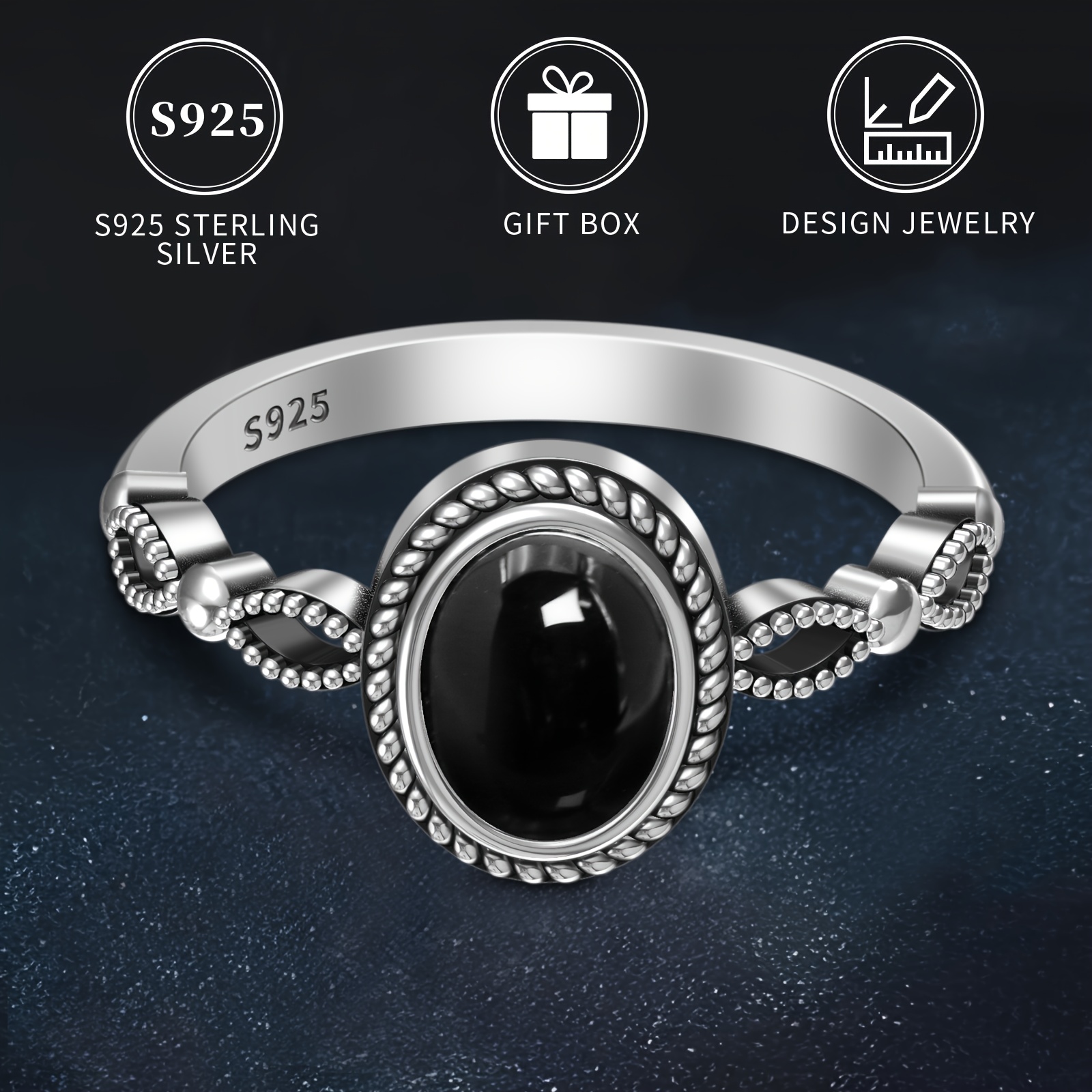 TEMU Bague pour femme en argent 925 et agate noire, design ovale vintage , idéale pour un usage , vacances, cadeau d'anniversaire ou Fête des Mères,
