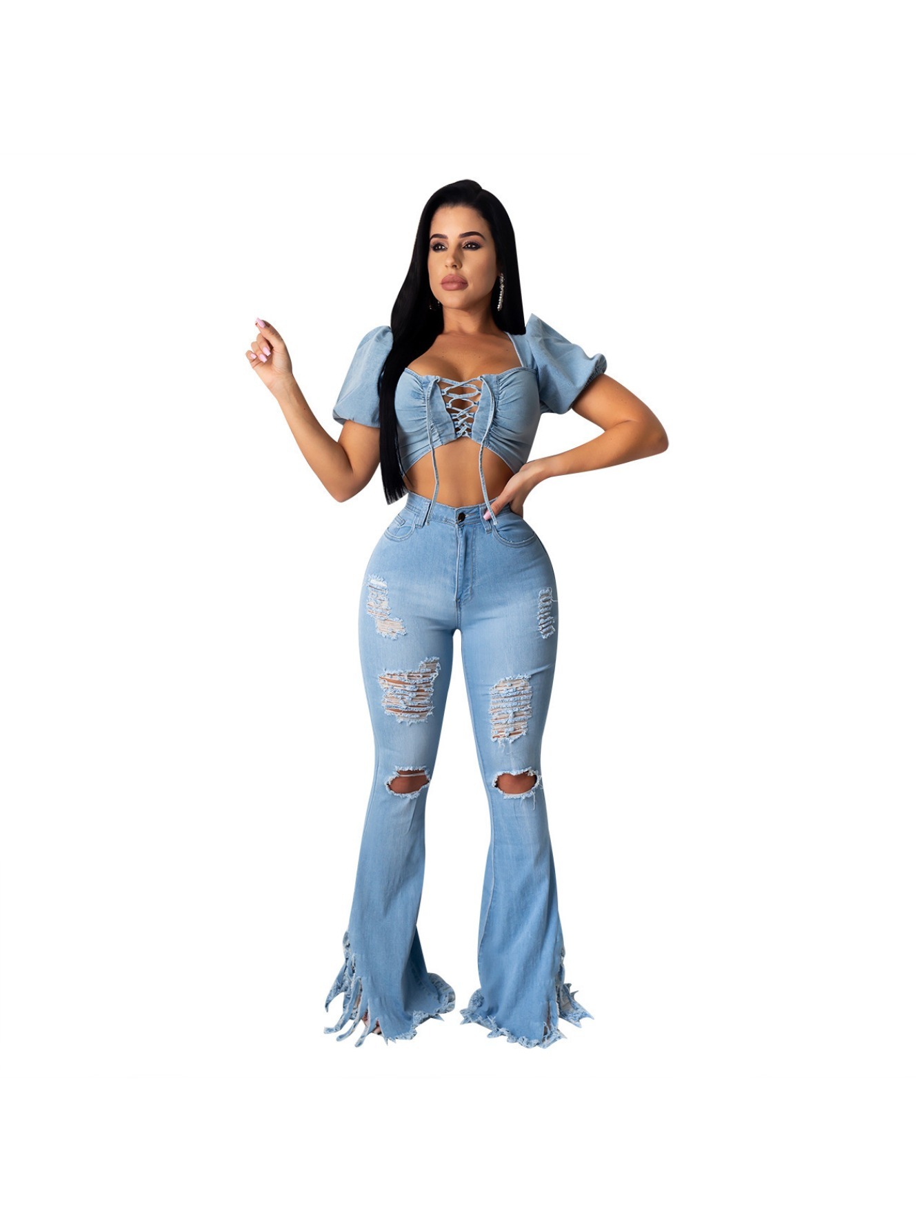 flare jeans with fringe sold on Temu United States