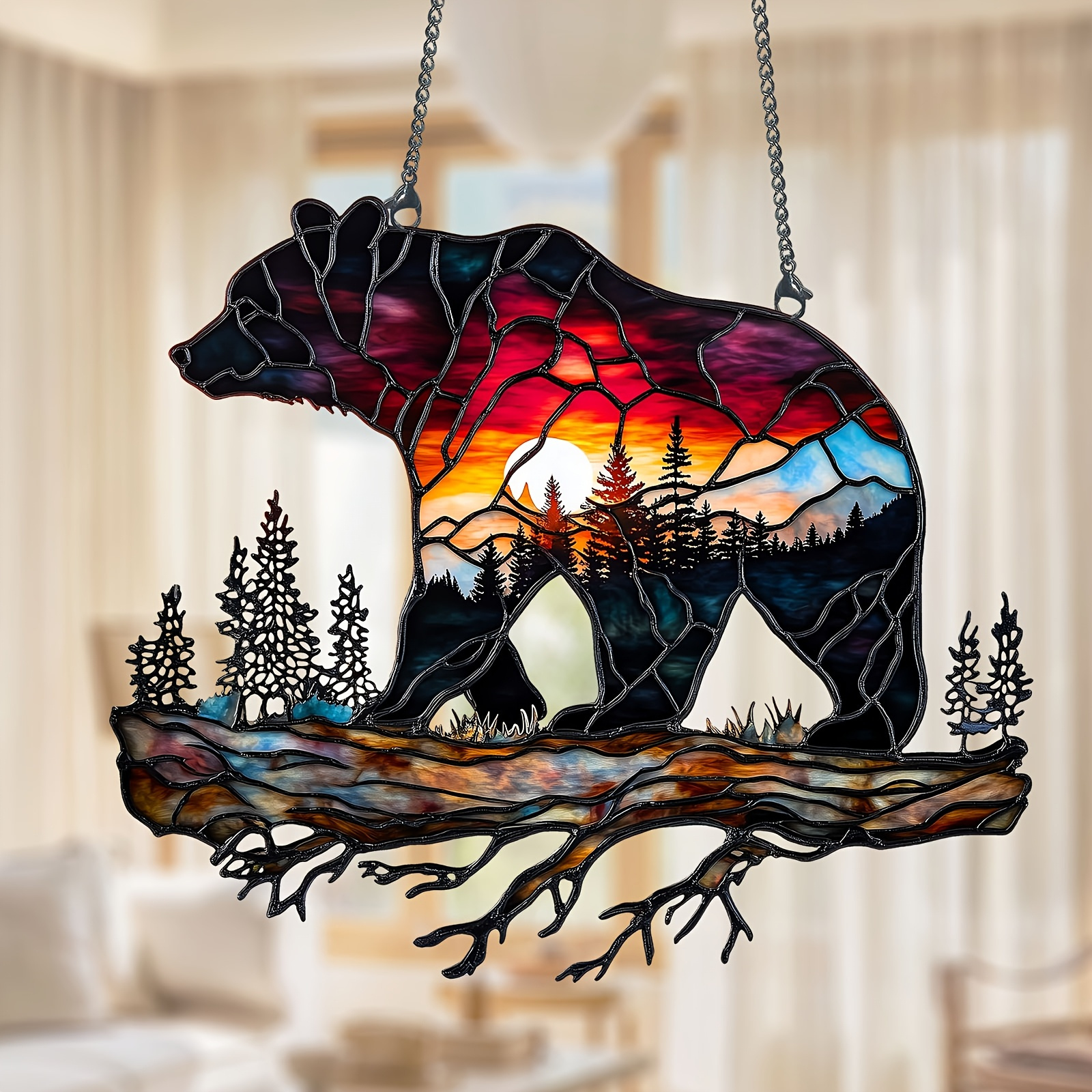 TEMU 2d Flat - A Two-dimensional Acrylic Suncatcher Featuring Colorful Bear Shapes, Designed With A Forest Sunset Theme. It Boasts Bright Colors And