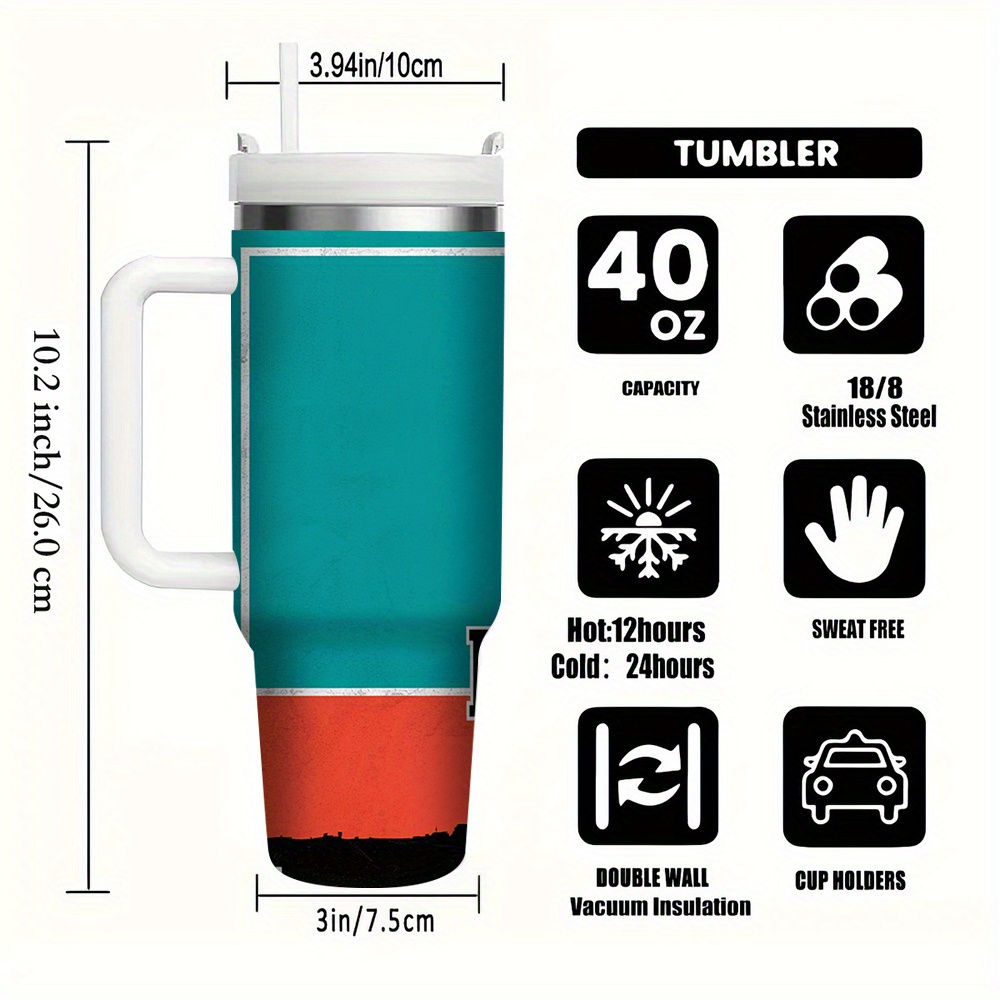 1pc miami football 40oz stainless steel tumbler insulated travel mug with leak proof lid straw durable sports cup for outdoor activities 2