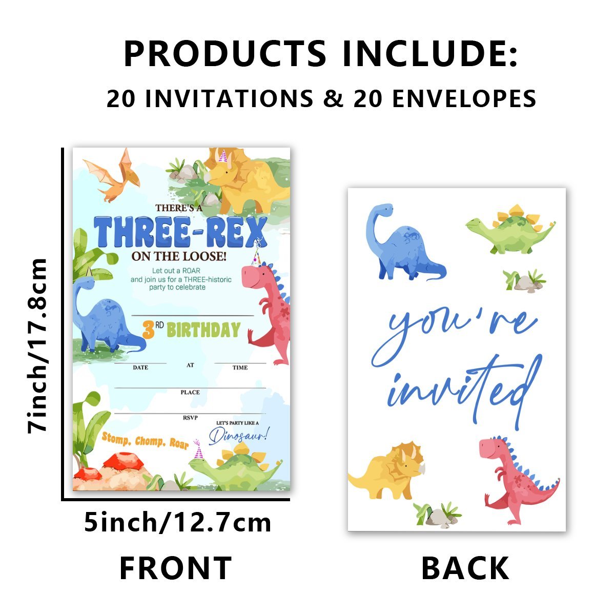 TEMU 20pcs Watercolor Dinosaur Birthday Invitations With Envelopes - 3rd Birthday Parties, Celebrations Dinosaur Party Supplies