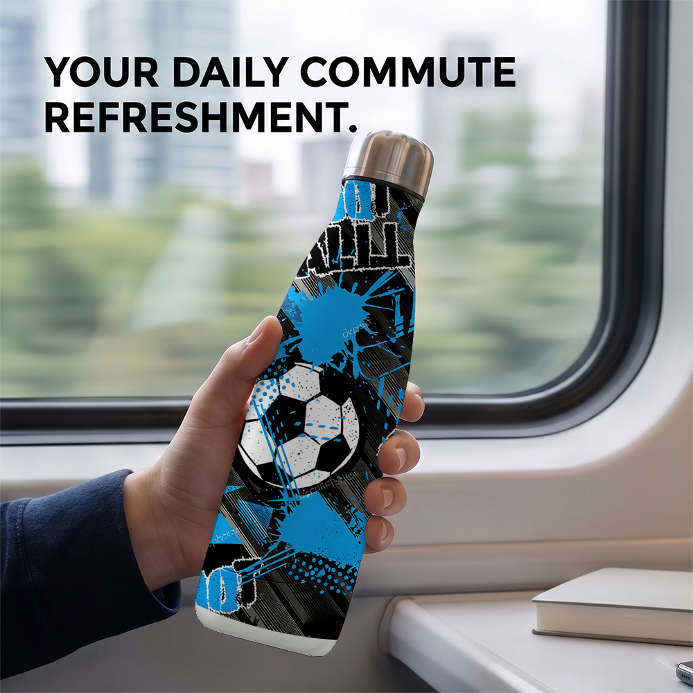 TEMU 1pc 17oz 500ml Football Soccer Print Vacuum Insulated Water Bottle 304 Stainless Steel Double Walled Sports Portable Travel Mug For Hiking
