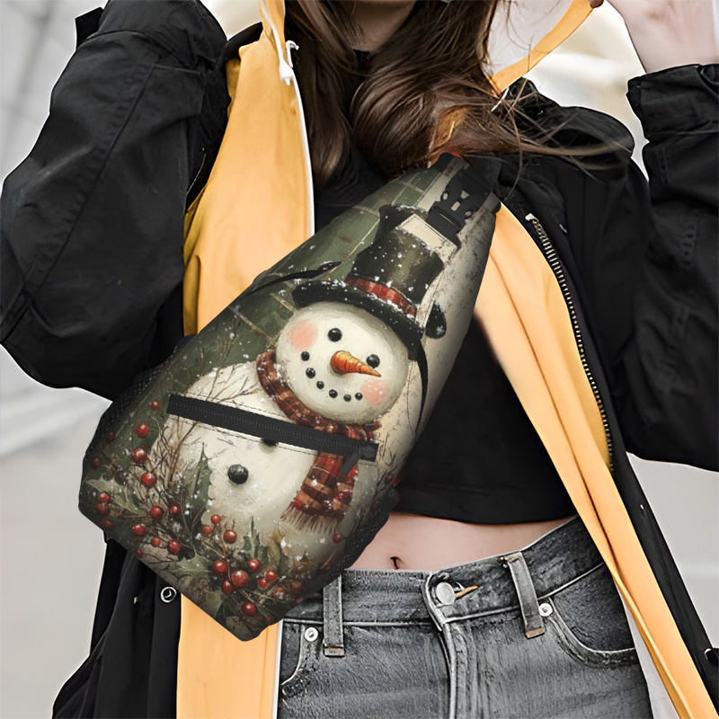 

Snowman Print Chest Bag - Casual Polyester Crossbody With Adjustable Strap, Metal Zipper, Foldable Design For Use, Winter Accessories