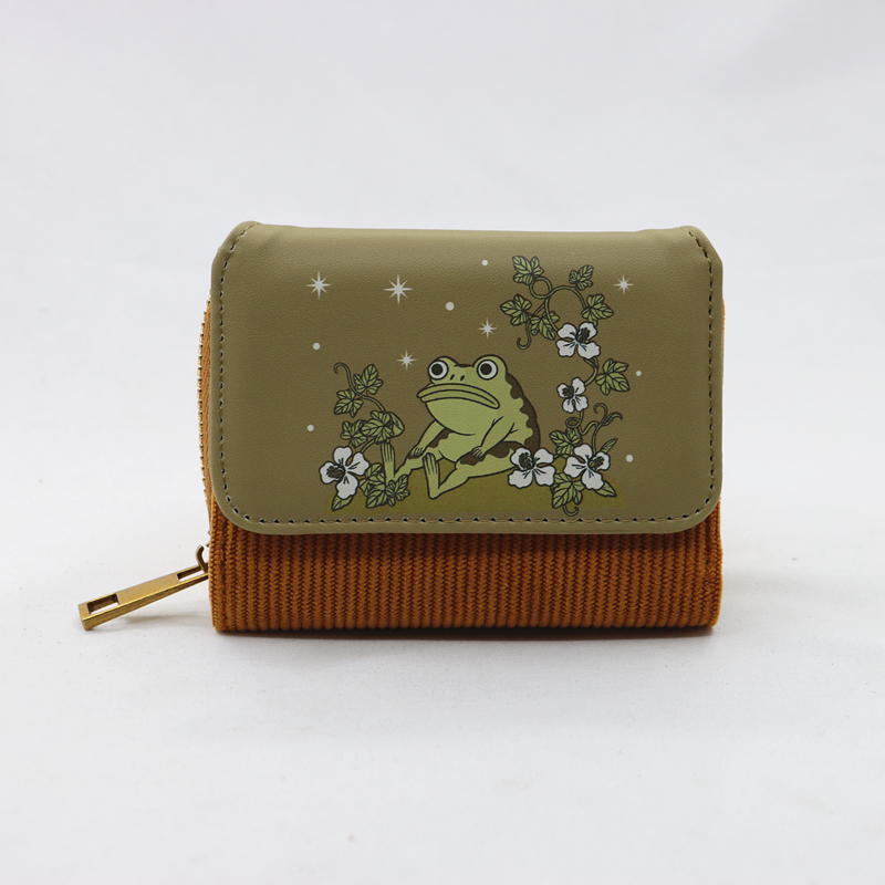 TEMU Cute Cartoon Frog Print Mini Clamshell Wallet, Snap Closure Design, Corduroy Fabric, Internal Zipper Pouch, 1 Cash Compartment, 4 Credit Card