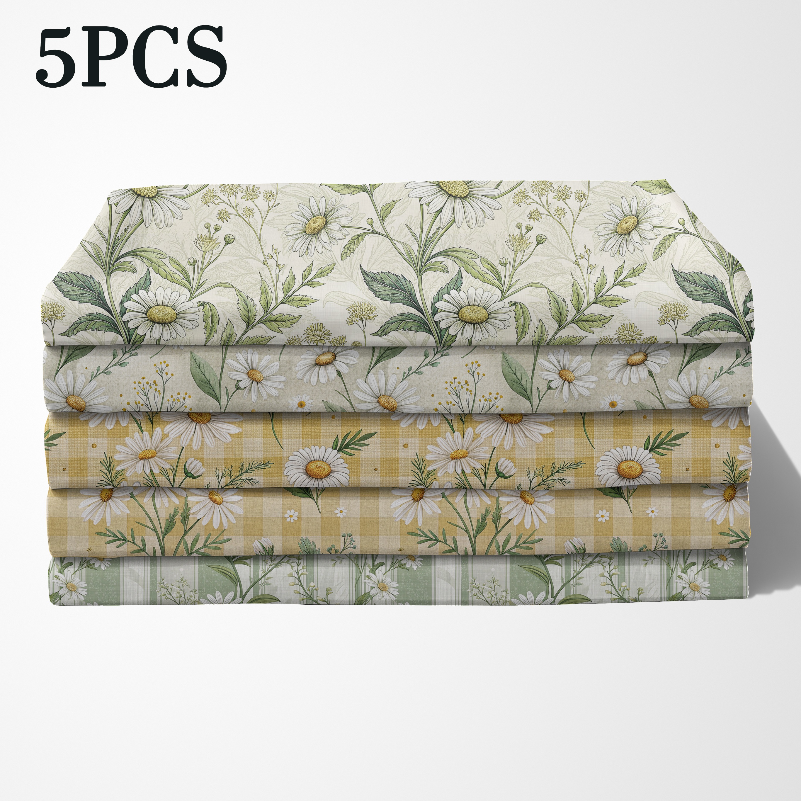 TEMU 5pcs Fabric Bundle - 5 Pre-cut Designs Suitable For & Quilting, Chamomile Bouquet, Vertical Stripes, Yellow Checkered, Baby's Breath In Low-