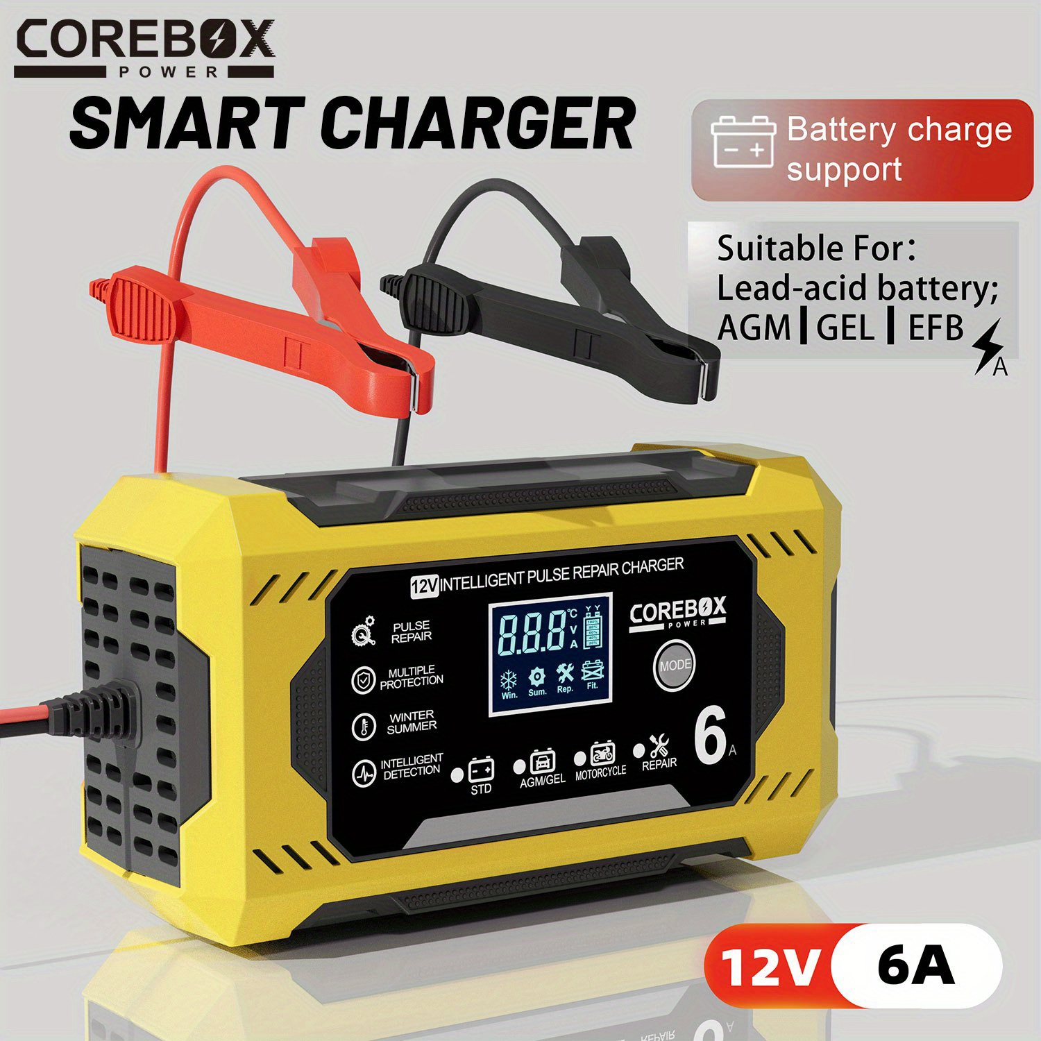 

Corebox 12v 6a Charger With Lcd Display, 110-130v Us Plug, Power Supply For Car Truck Motorcycle Lawn Mower Marine Lead Acid Battery Maintenance