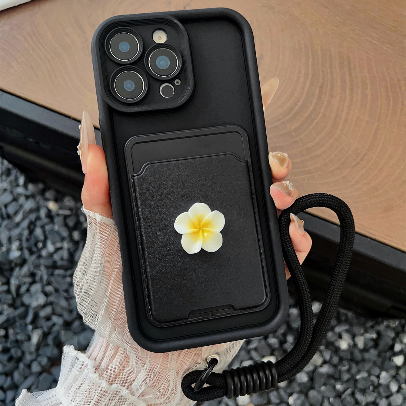 TEMU Phone Case - Gradient Floral Black Card Holder Phone Case, Card Holder, Credit Card Holder Soft Case, With Solid Color Lanyard, Suitable For