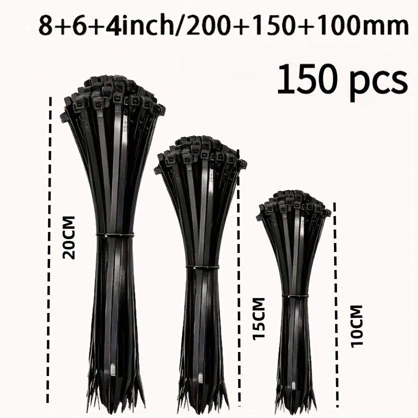 TEMU 150pcs Black Self-locking Nylon Cable Ties - Uv Resistant For Indoor & Outdoor Wire Management - Heavy Duty Nylon | 3 Sizes With 50 Each (4/6/8