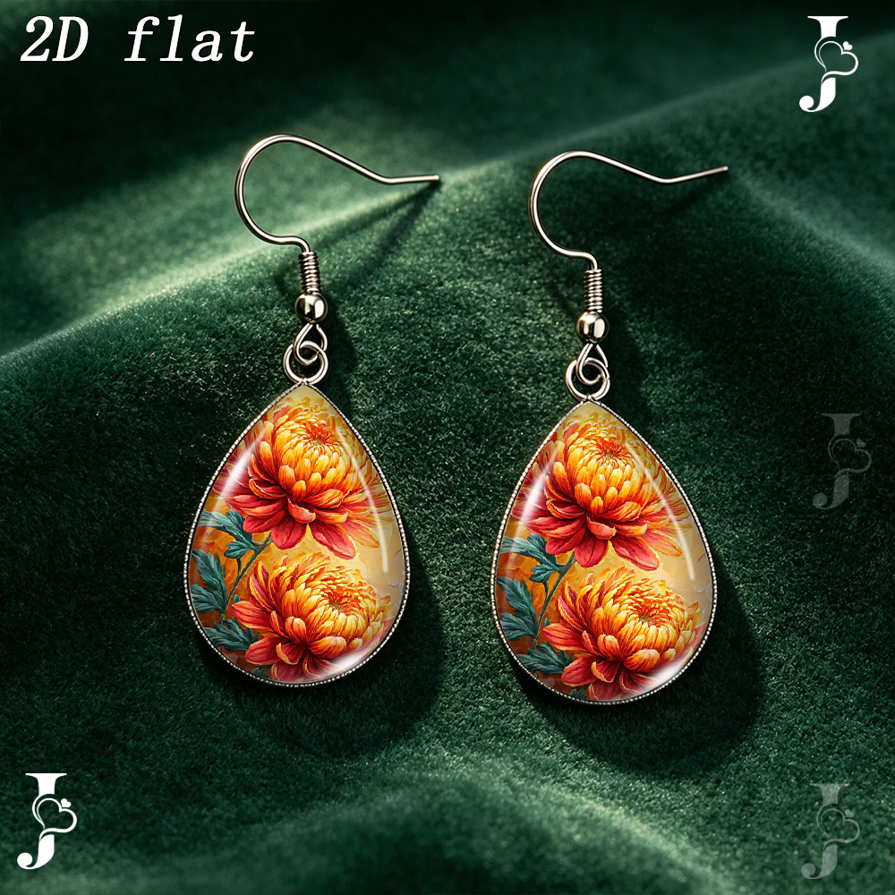 Teardrop Dangle Earrings with Autumn Chrysanthemum Pattern