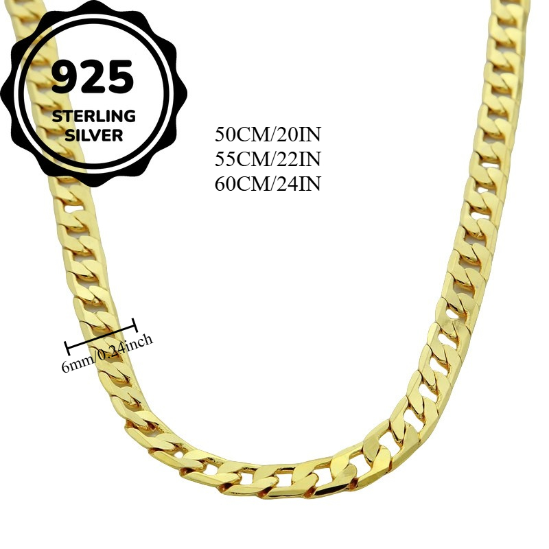 Image of 925 925 Silvery 6mm Golden Cuban 18k Golden Plated-plated Necklace For Men | Classic, Fashionable And Exquisite Design, Suitable For Daily Wear, Parties, Events And As A Gift For Festivals, With A Box