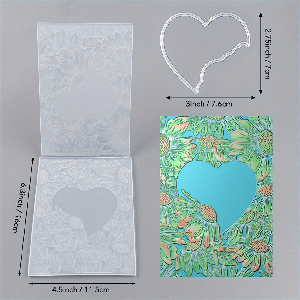 2pcs/set Sunflower 3d Embossing Folder With Half Heart Frame Coordinating Cutting Dies Texture Pattern Background Diy Decorative Cardboard Crafts Project Making