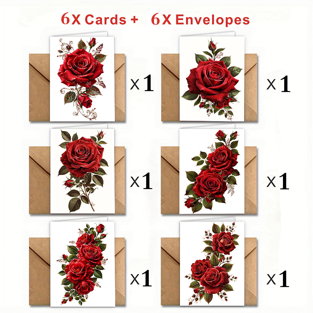 TEMU 12pcs / 24pcs / 48pcs Valentine's Day Red Rose Pattern Greeting Cards, 6 Different Element Sets (with Envelopes), 3.5 Inches * 5.1 Inches,